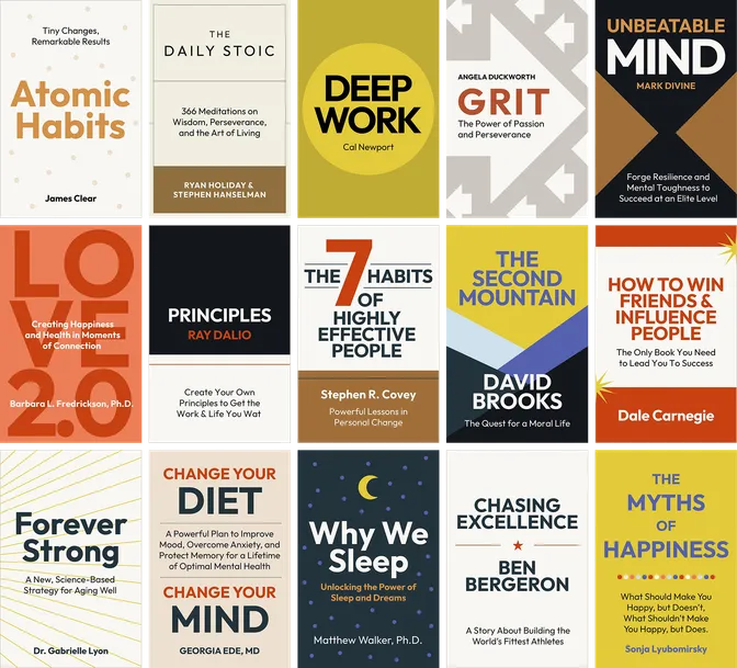 Collection of life-changing books including Atomic Habits, The Daily Stoic, Deep Work, Grit, and more